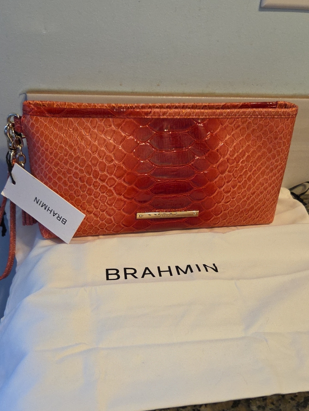 Brahmin Pink Embossed Snake Print Wristlet Clutch & Dust Bag $- Firm